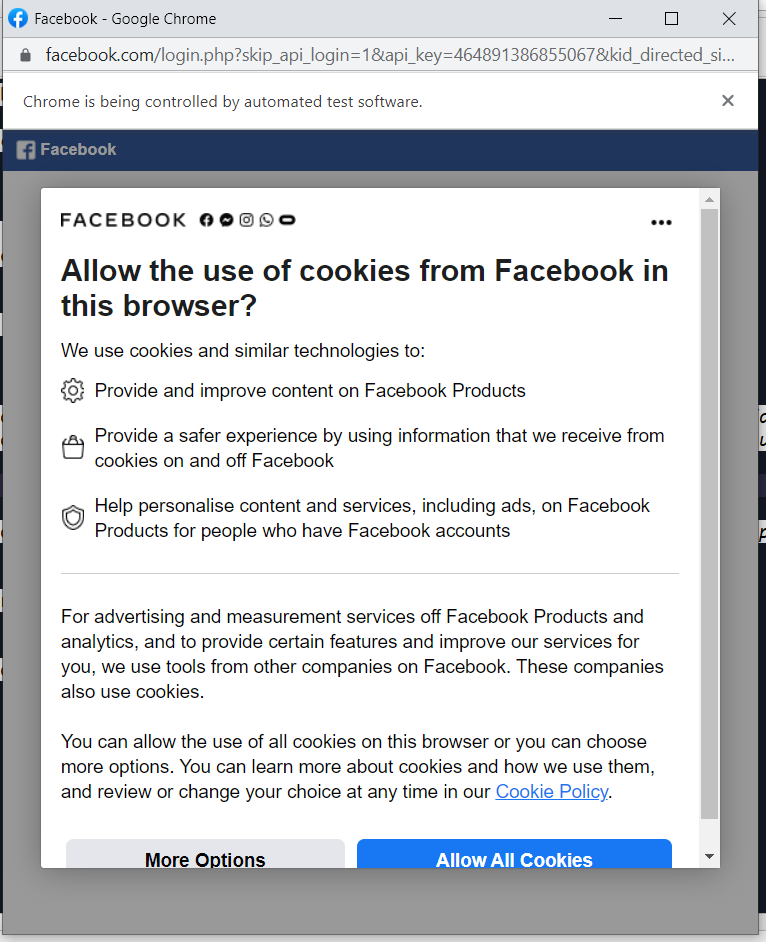 the the facebook cookie acceptance pop up window