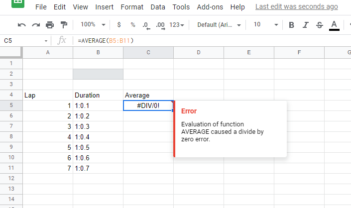 A google sheets image with laps and their durations