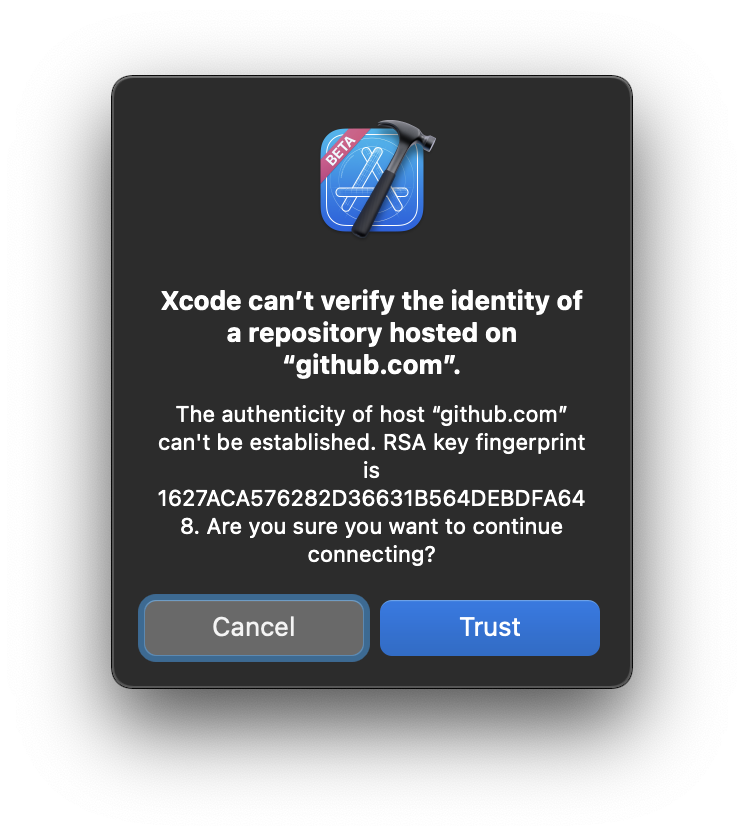 Xcode dialog box with a Trust button