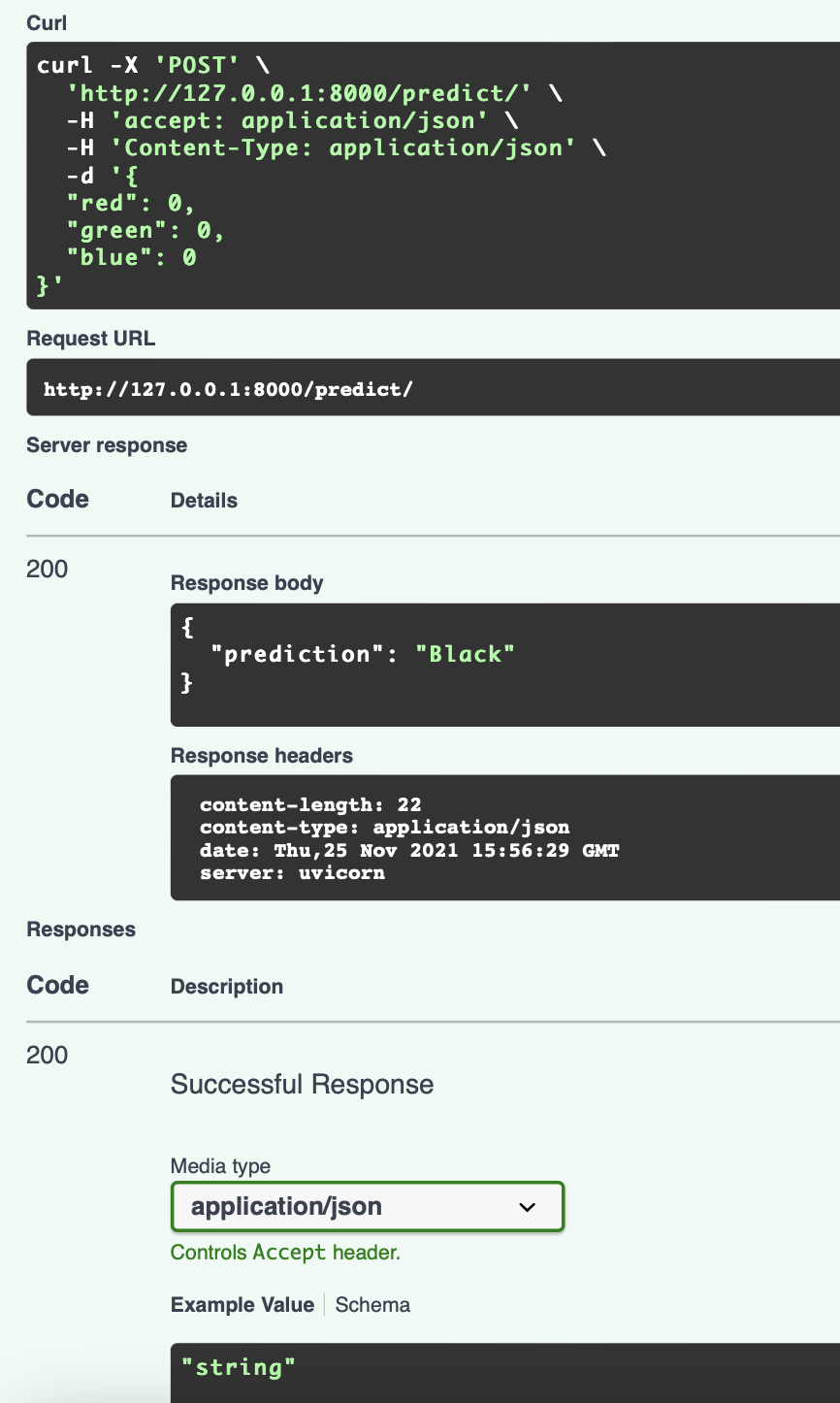 I use FastAPI, this is the API response after execute the value re,green,blue. The return was rgb value ("black") 