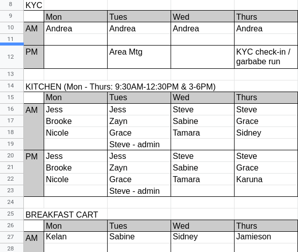 schedule spreadsheet