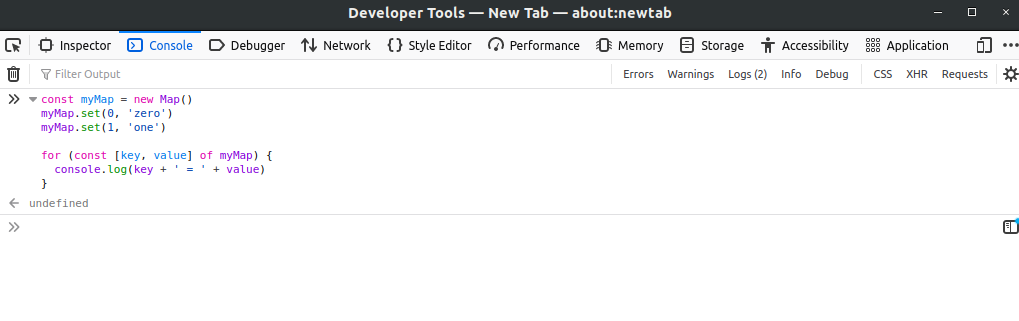 Screenshot of console that contains the code but no output.
