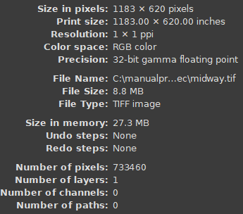 Properties pane from GIMP - RGB color, 32-bit gamma floating point