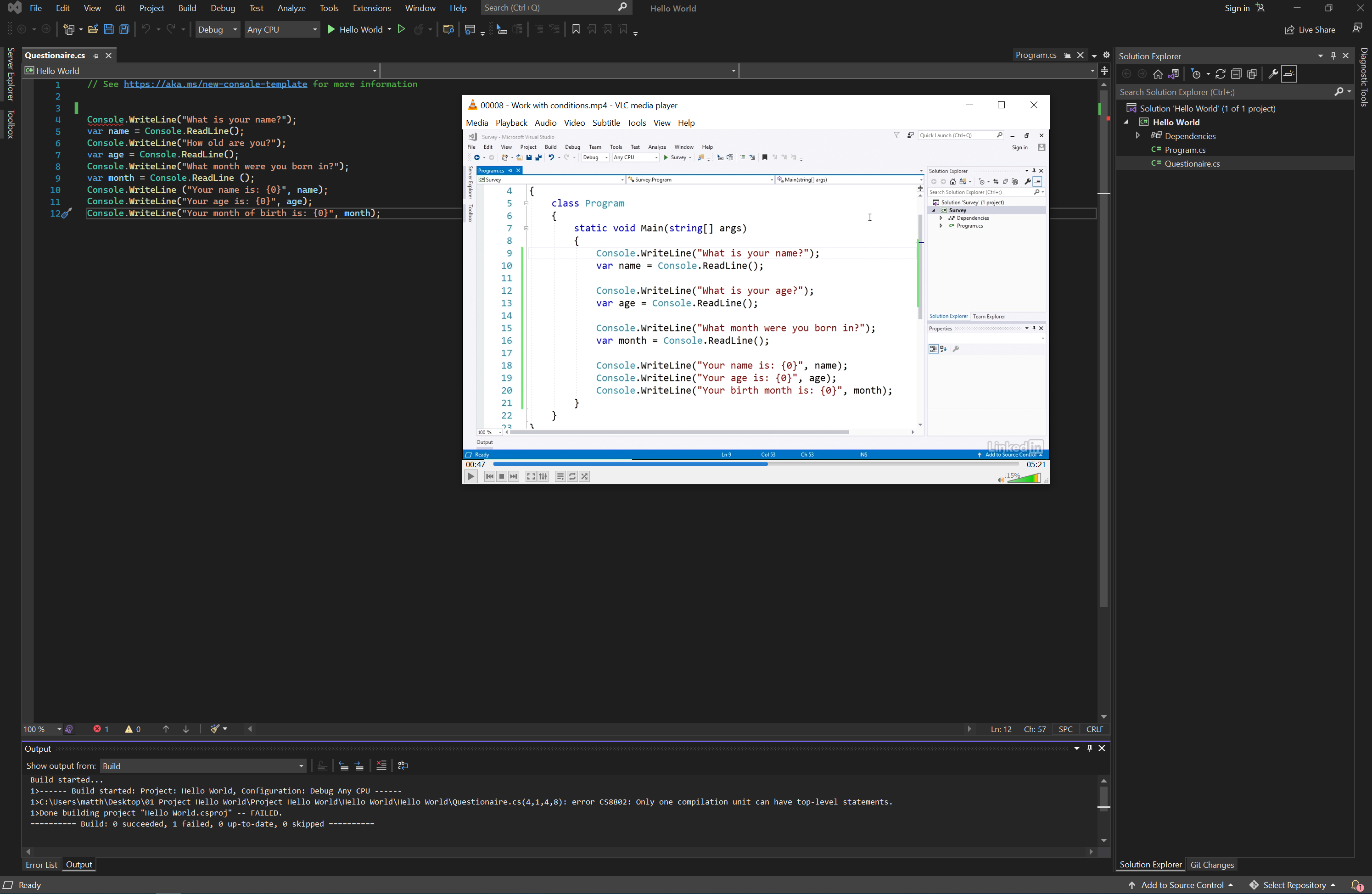 My VS2022 Code vs Tutorial VS2019 Code