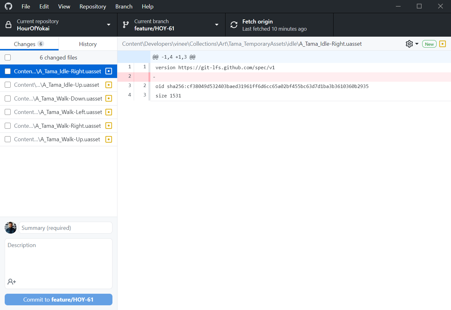 Github Desktop screenshot, acusing a file of being changed