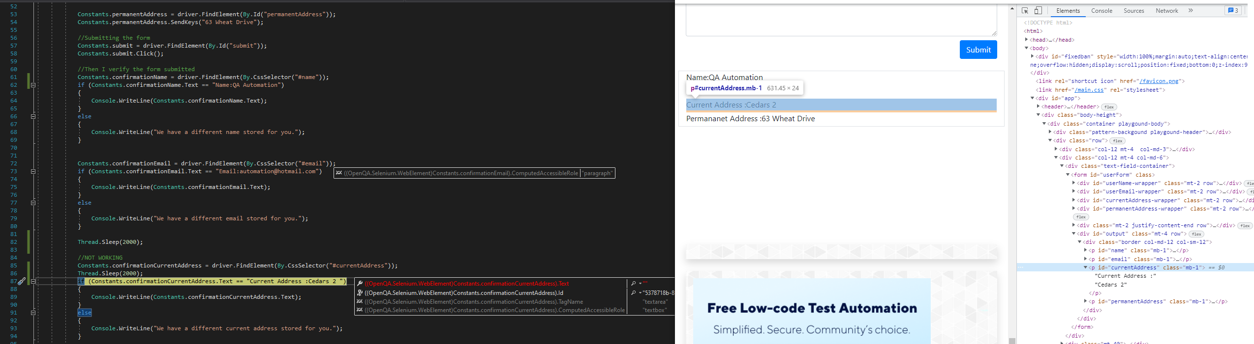 Code displaying blank text, along with the test site