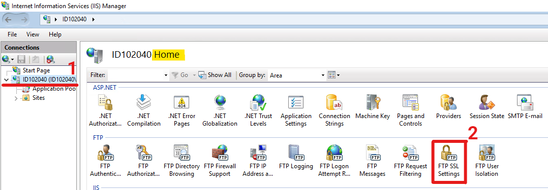 IIS navigation to the "Home" FTP SSL certificate