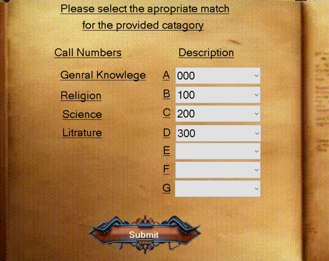 This is suppose to be a match the columns type interphase but as you can see I have the keys and descriptions swapped and it doesn't really preform any function I'm not sure how to format the question so that it works