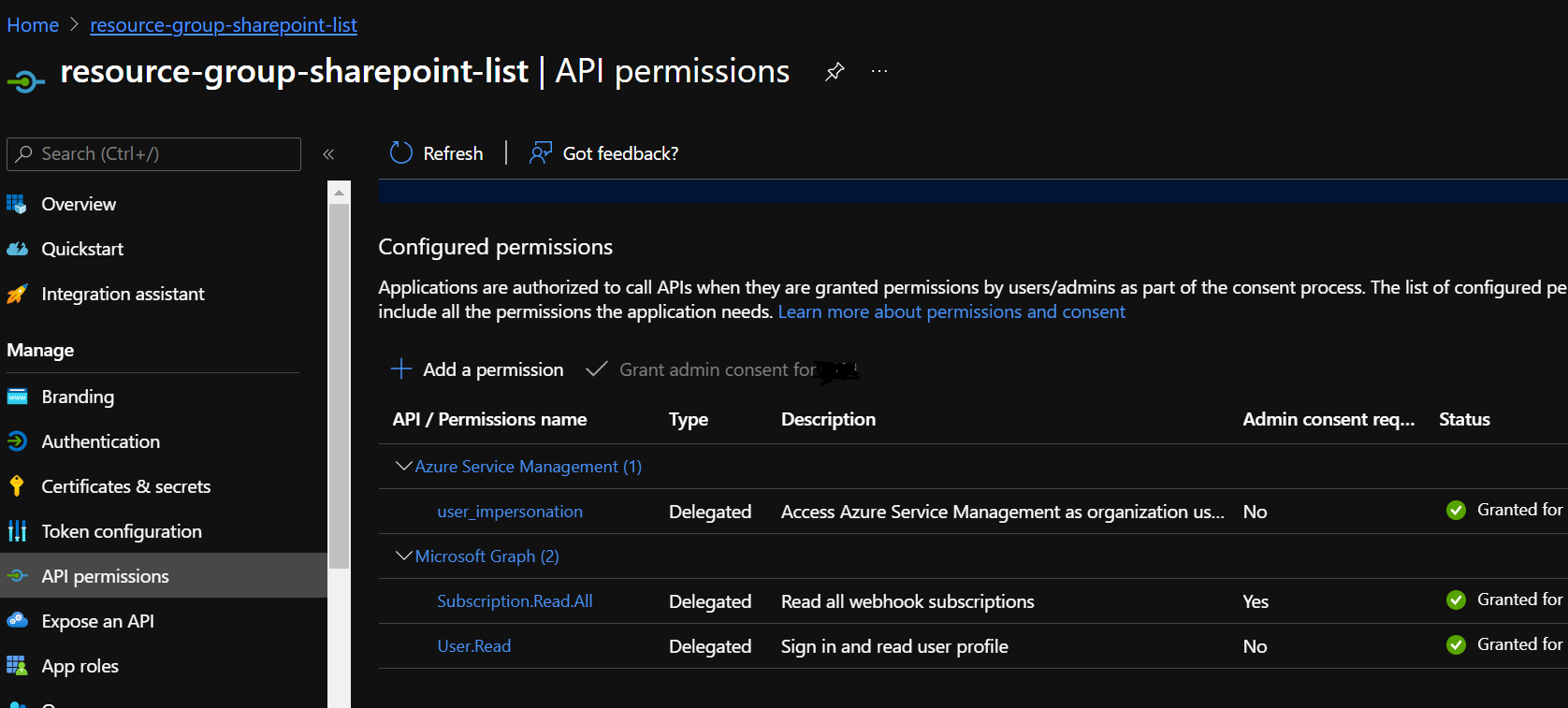 Screenshot of API permissions in my app registration