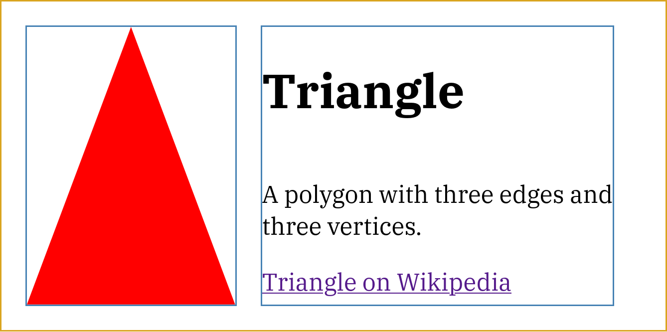 Screenshot showing the same triangle SVG, and adjacent text section. The text has wrapped, making it taller. The height of the SVG is adjusted to match the text section