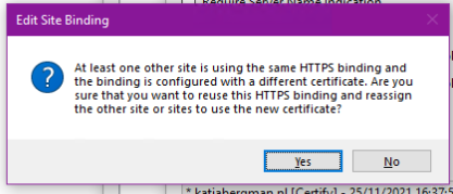 Warning in IIS after manually changing certificate...