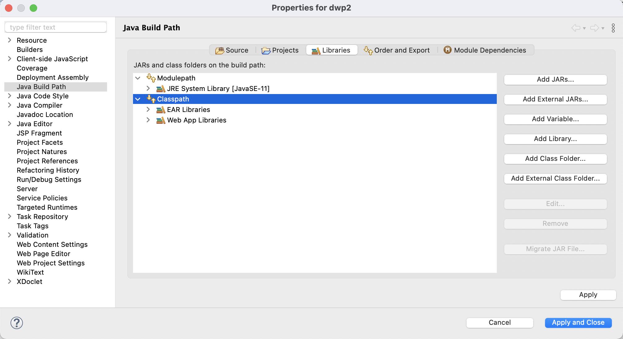 The Property page with the right node selected. The Add Library button enables.