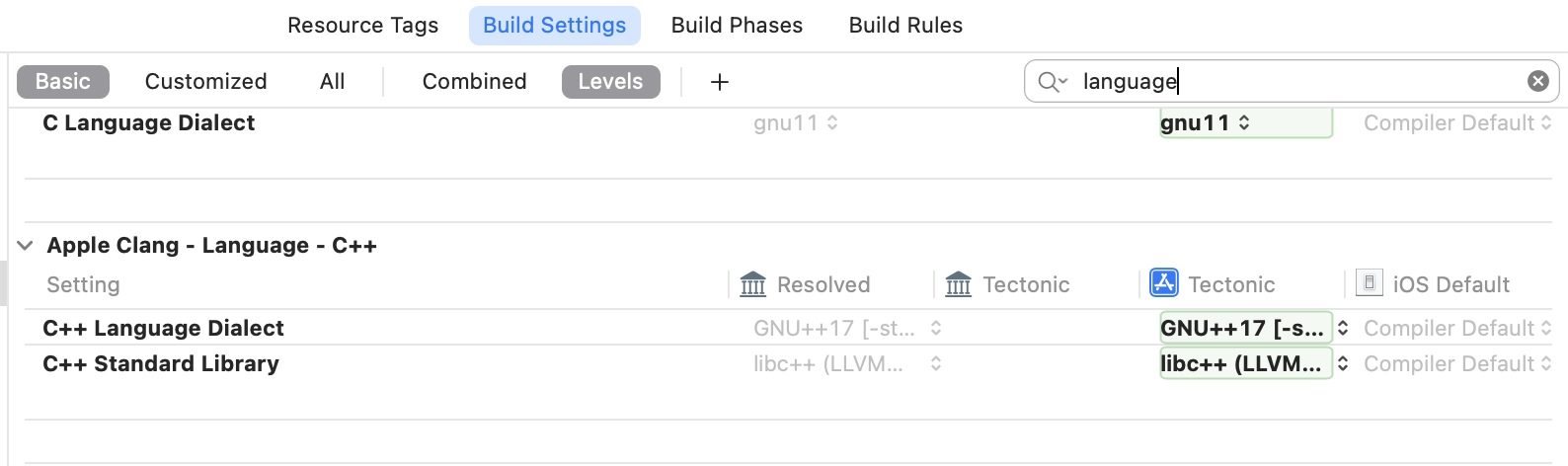 Snap of relevant build setting row