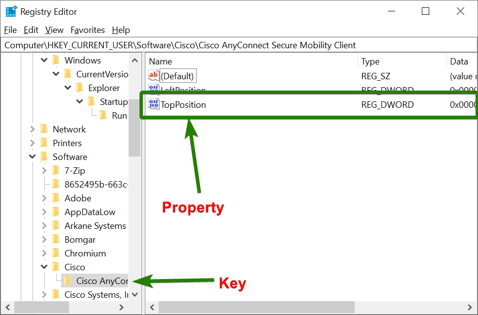 regedit screenshot showing key and property