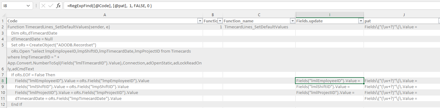 screenshot of Excel using RegExpFind VBA