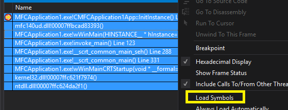 Fully selected Call Stack with Context Menu and marked Load Symbols entry