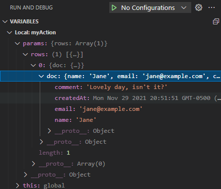 state of variables during debug