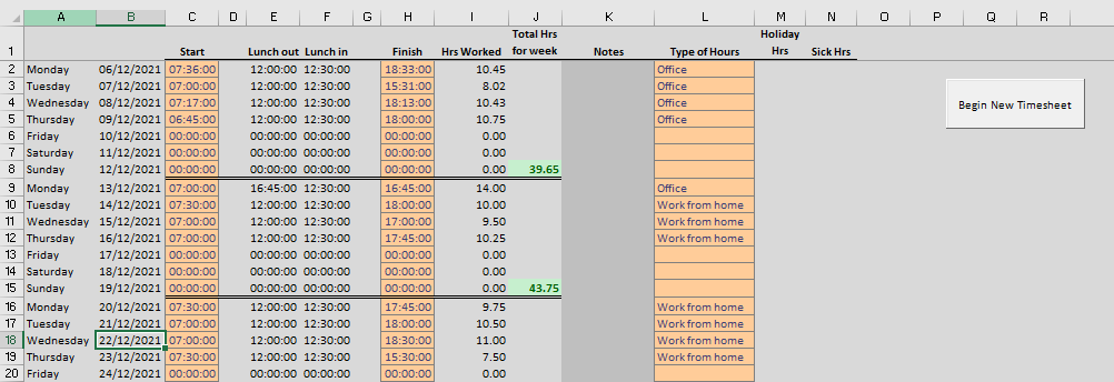 Timesheet layout