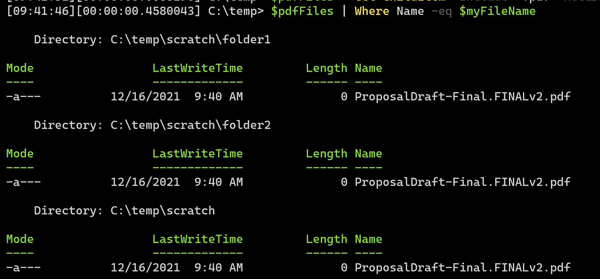 shows the output of a command to find files named ProposalDraft.pdf, which in this case were to be found in three different folders