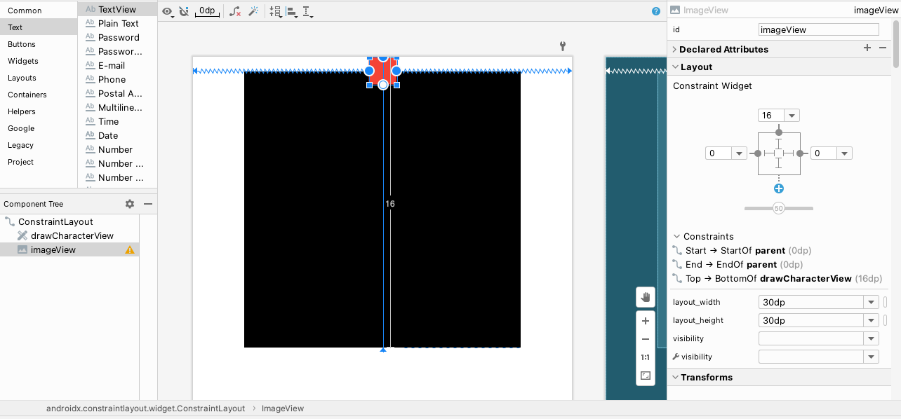 android studio showing imageView attached to top of constraint layout rather than bottom of custom view