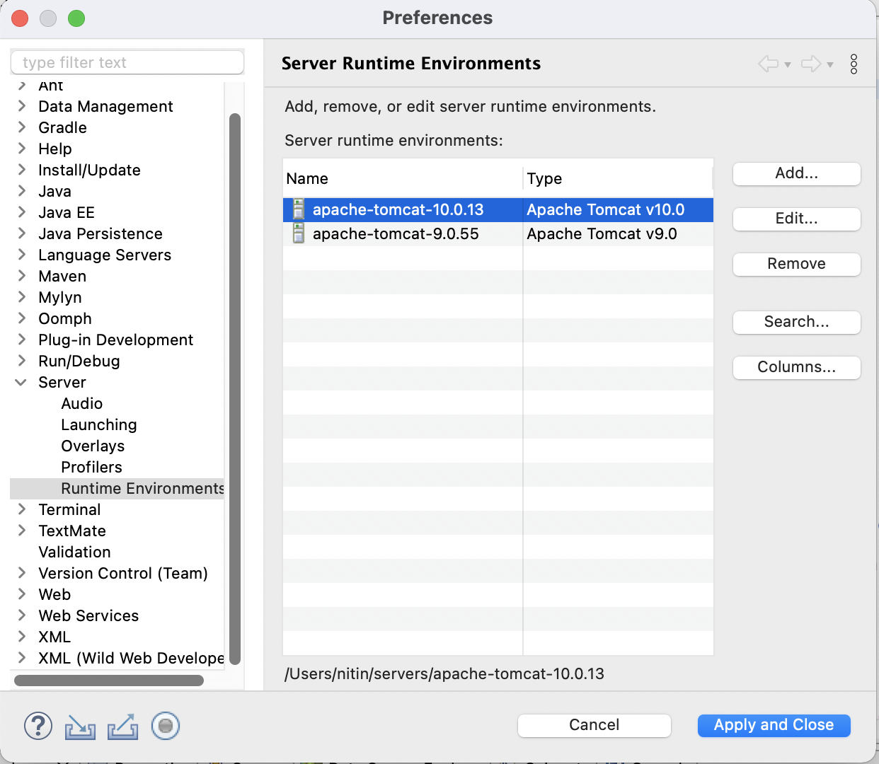 The Server Runtime Environment preference page, after downloading Tomcat 9 and 10.