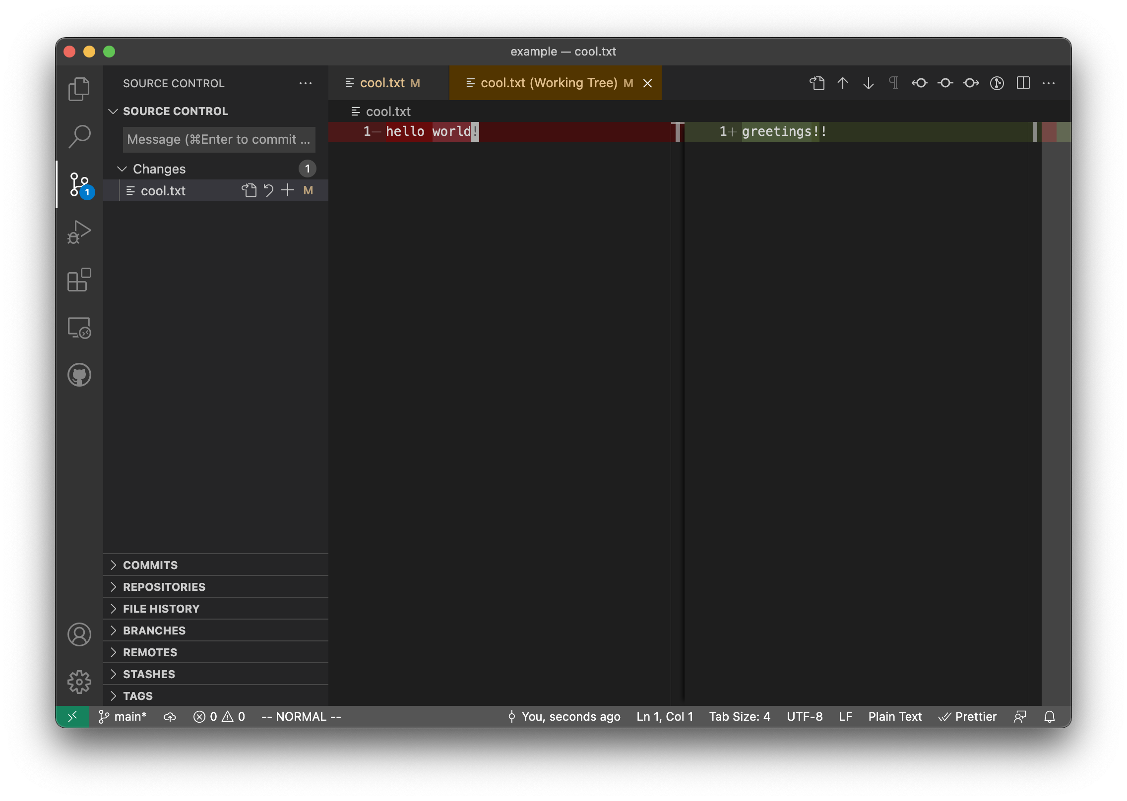 vscode showing the "Changes" view of a file, the left pane shows the file before changes, the right pane shows it after the changes