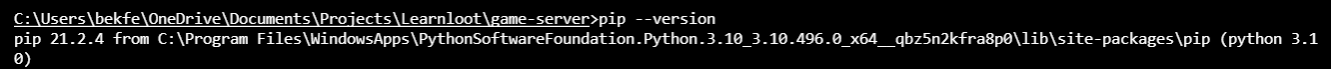 Output from pip --version: pip 21.2.4 from C:\Program Files\WindowsApps\PythonSoftwareFoundation.Python.3.10_3.10.496.0_x64__qbz5n2kfra8p0\lib\site-packages\pip (python 3.10)