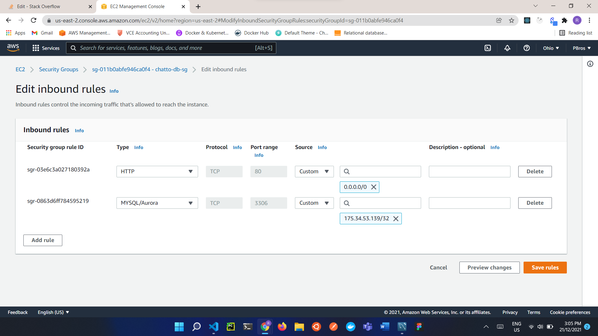 inbound rules for the rds security group