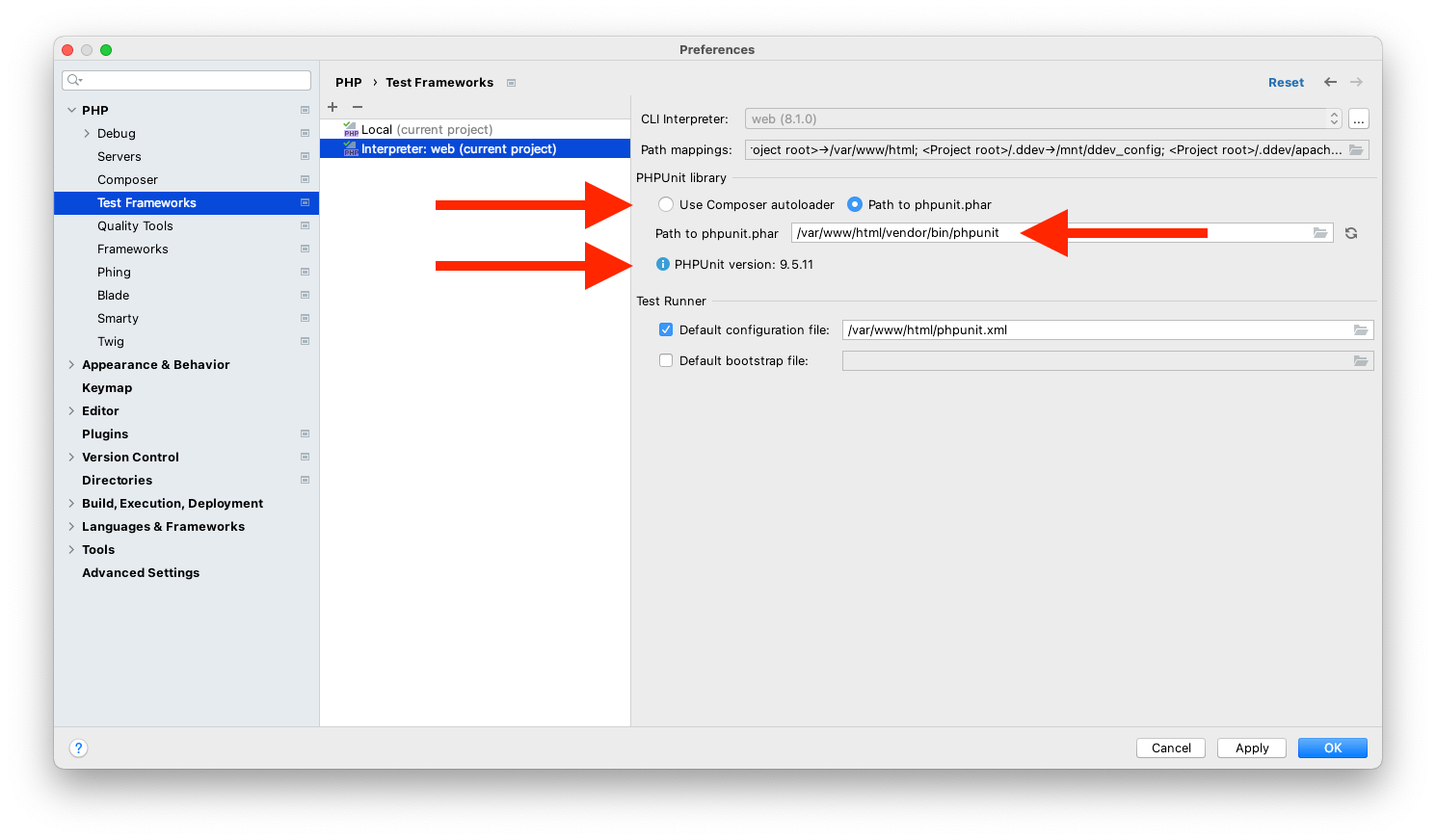 setup test framework in PHPStorm