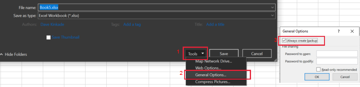 Save As dialog > Tools drop-down > General Options dialog