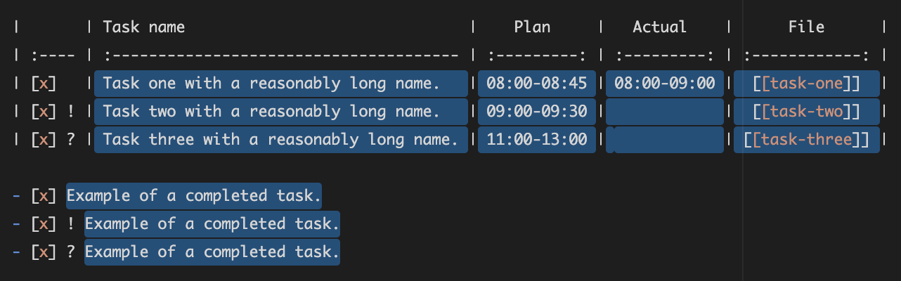 Matches for the example table