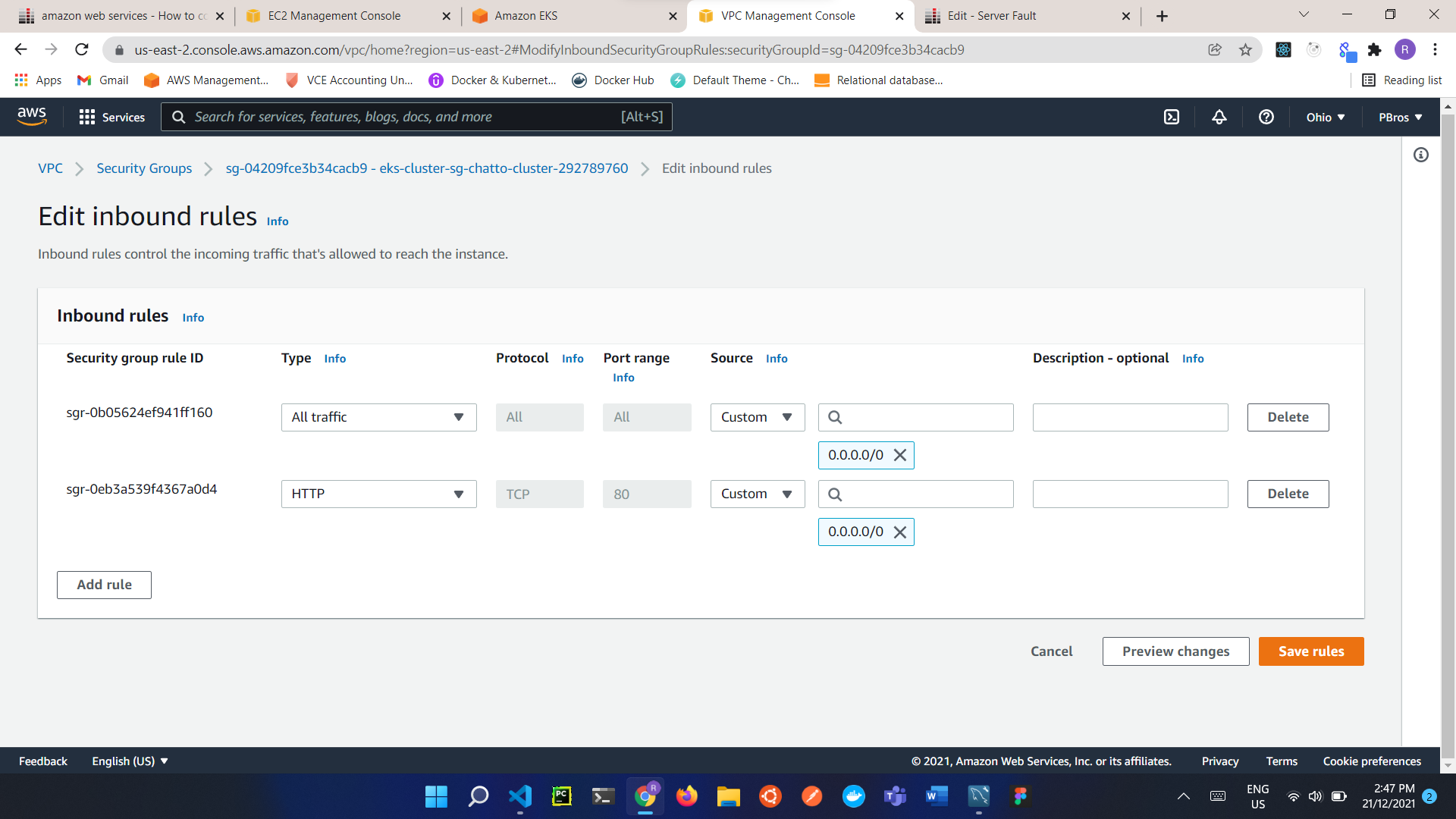 inbound rules for the eks security group