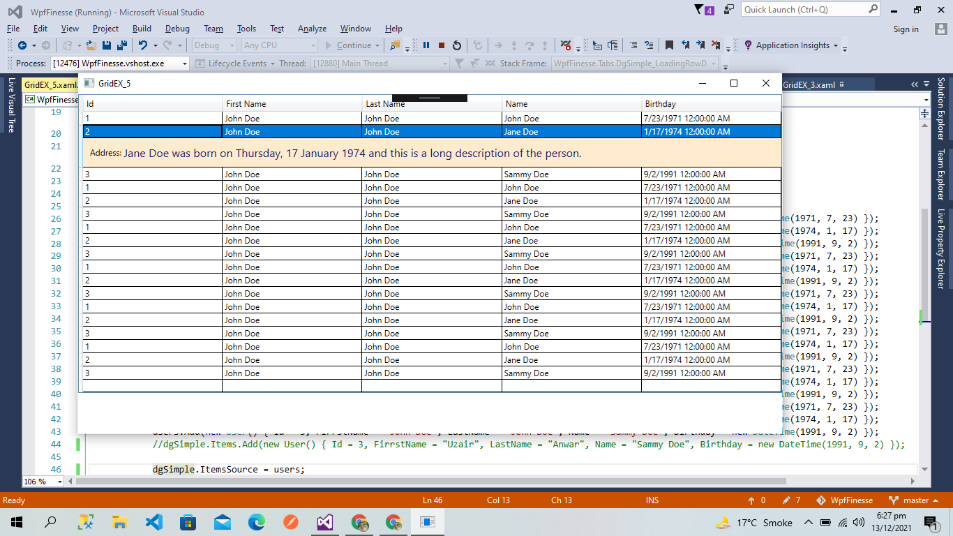 Application with a DataGrid displaying users and a selected row that shows its row details (the address of the user).