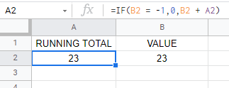 Showing 23 in cell A2 and in B2