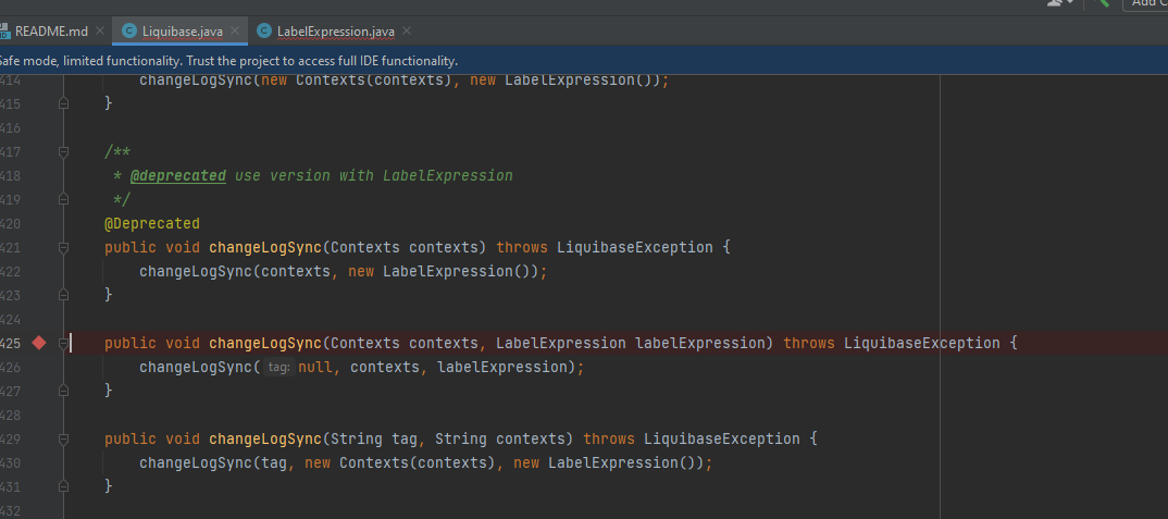 ChangeLogSync methods in Liquibase.java file