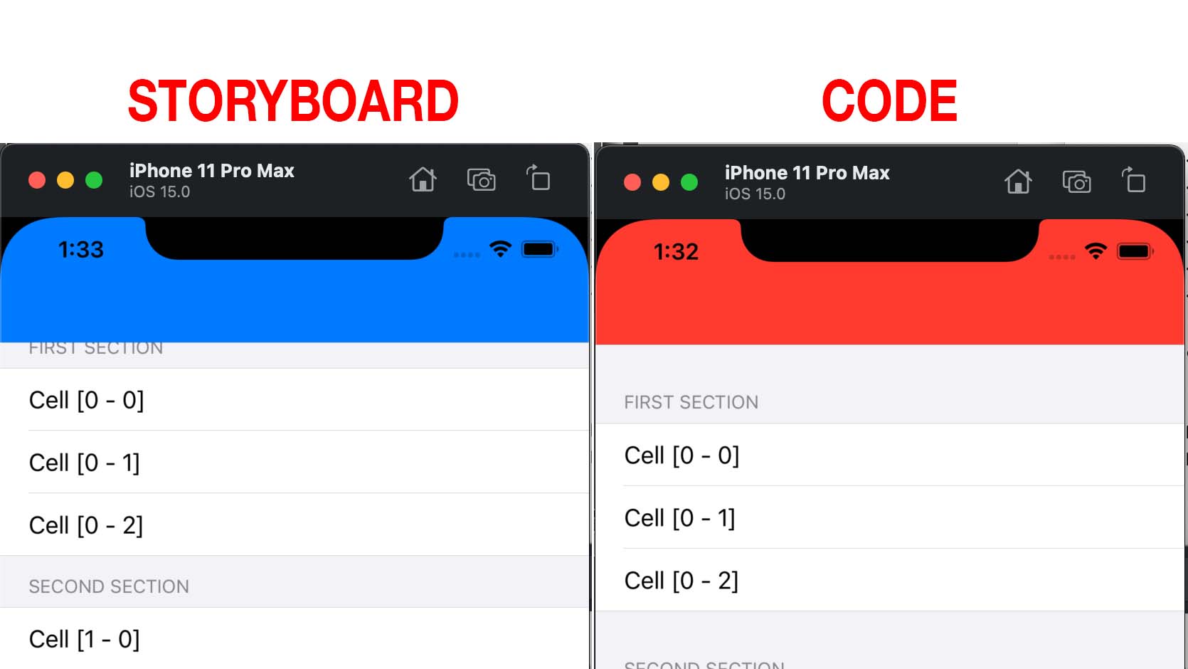 side by side screenshots of the storyboard version and the code version