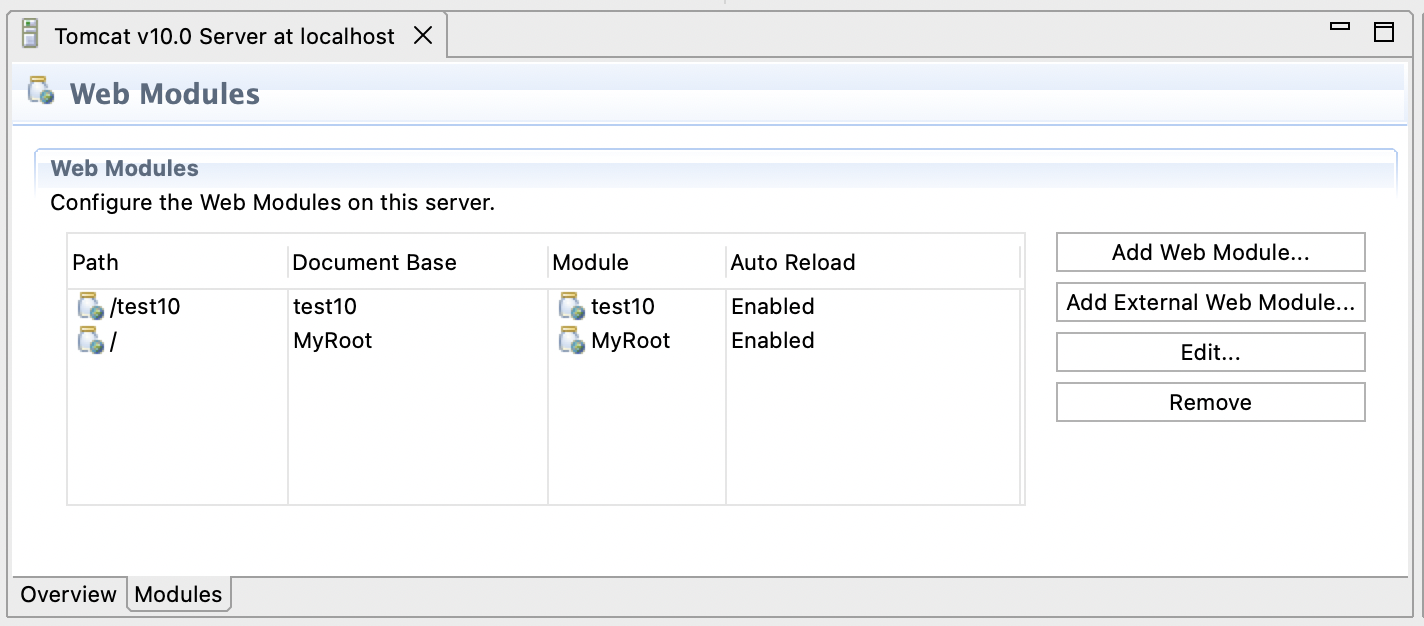 Modules page in the Server editor, showing a second app deployed to /