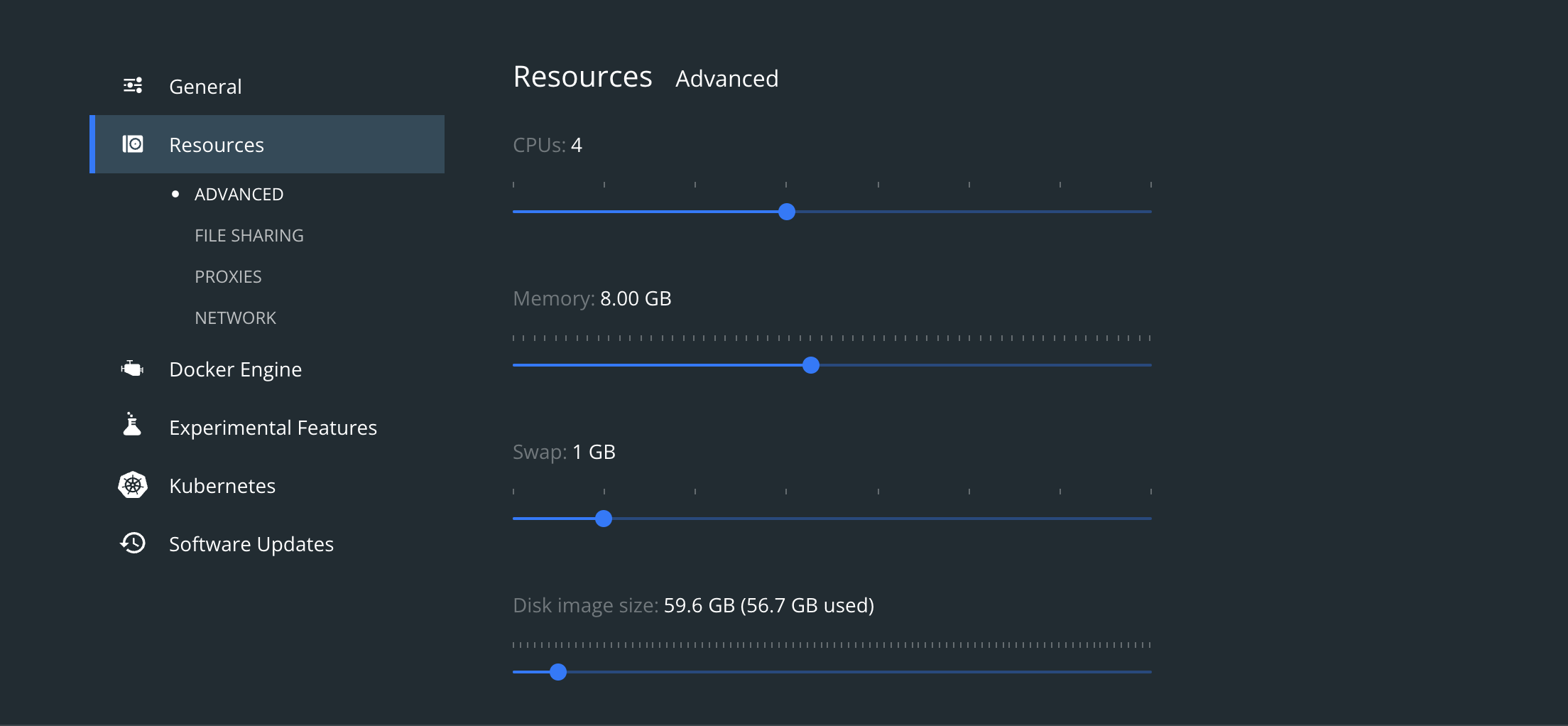 Image showing Docker Desktop settings on the resource tab which has a slider to change the maximum resource for CPU, Memory, Swap, and Disk image size