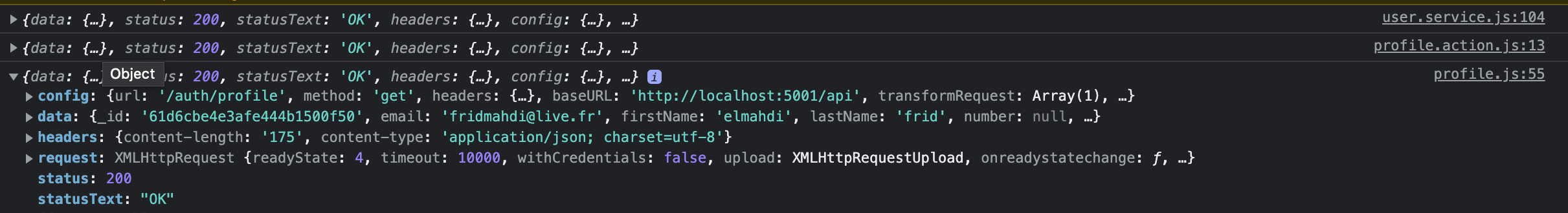 first debug withou filds firstname