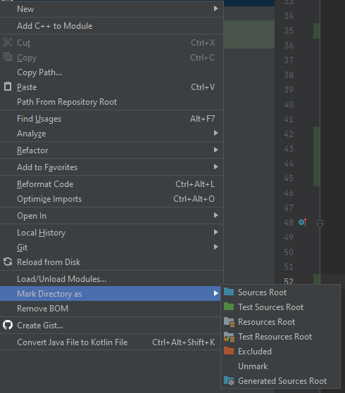 Right click -> Mark Directory as -> Resourses root