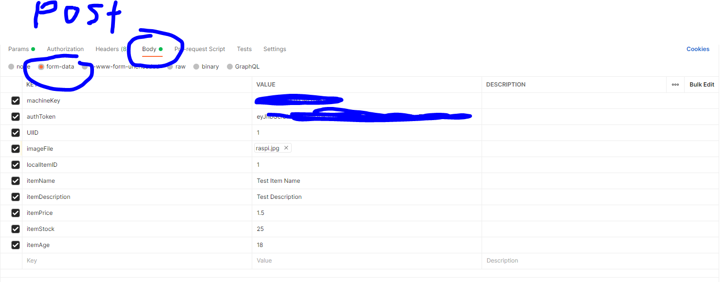 POST Request on postman that works by taking in form/data strings and an image