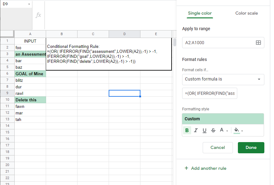 Example of Conditional Formatting using custom function