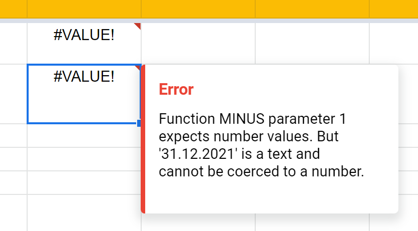 error message ot ouf google sheets