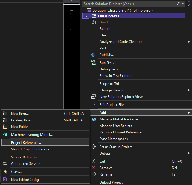 Screenshot of the project context menu, navigating to Add Project Reference