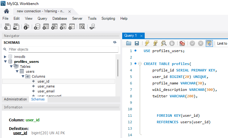 Defining my child table and on the left, properties of the primary key column in parent table