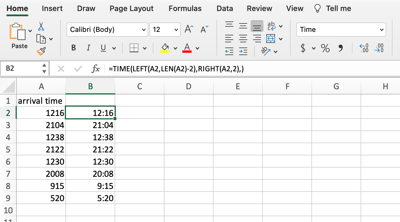 Formula to convert 3 or 4 digit number to time format
