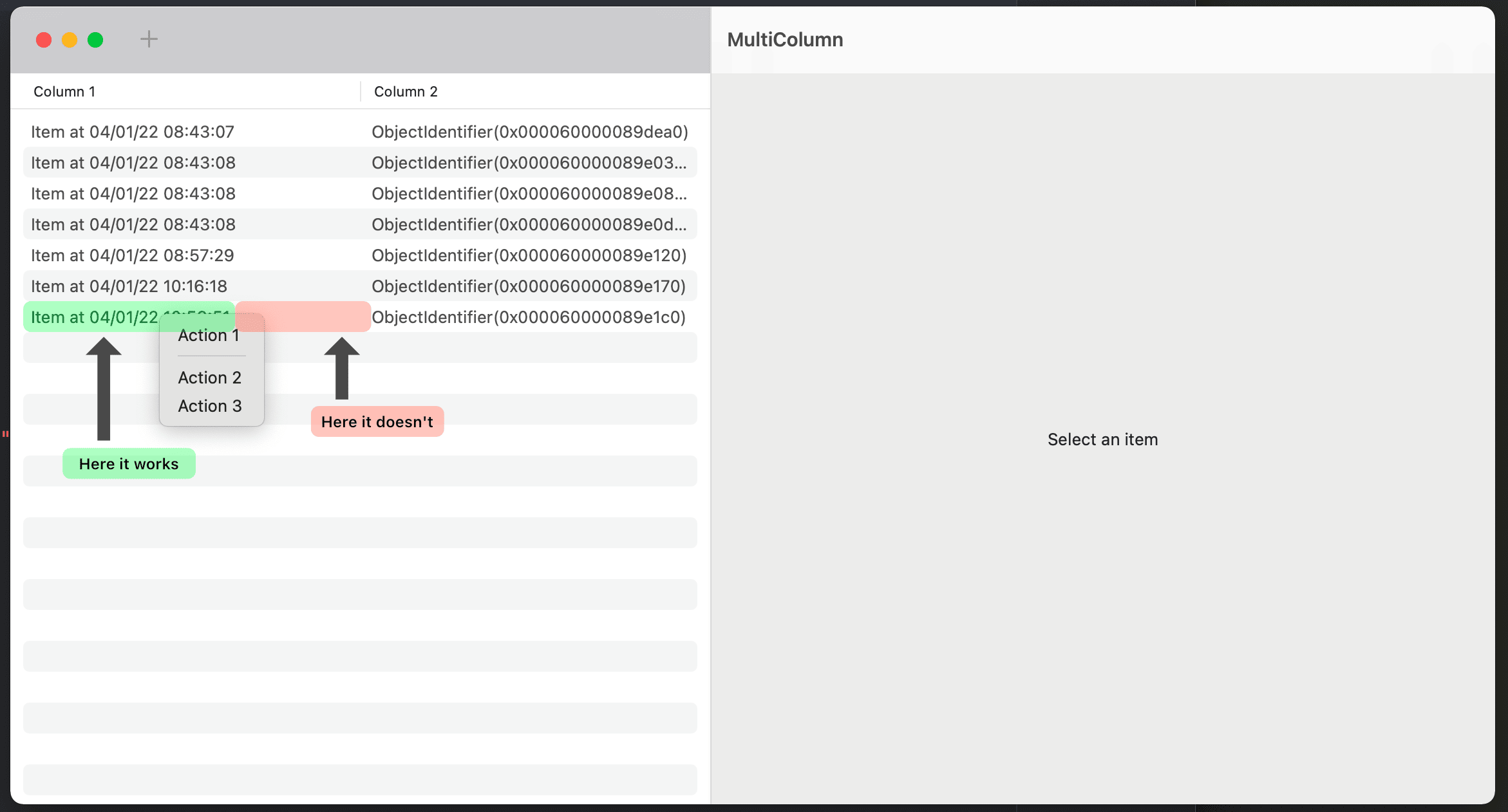 Where the context menu works, and where it doesn't