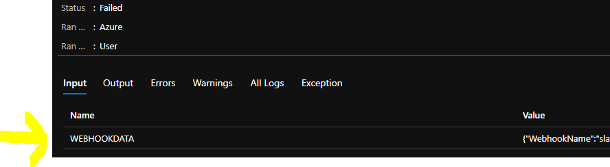WEBHOOKDATA coming into the Azure