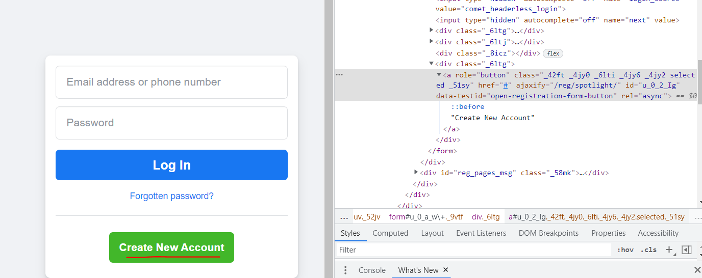 Inspect element on Create an account button