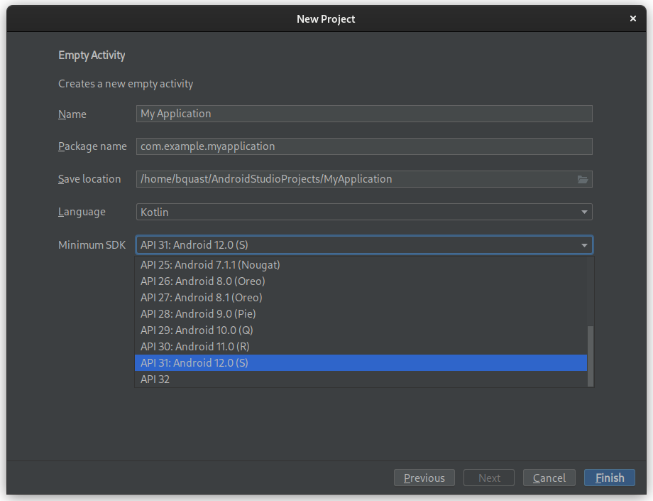 Android Studio project creation wizard